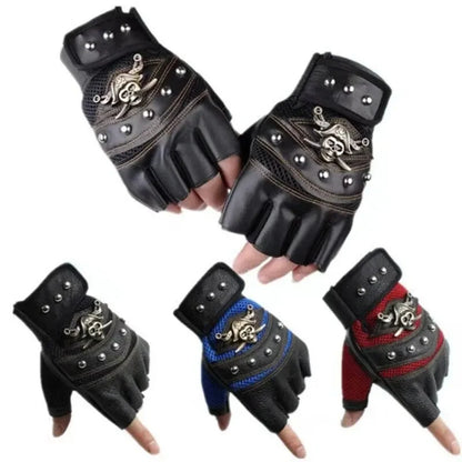 Skull Rivet Fingerless Gloves - PU Leather Moto Style