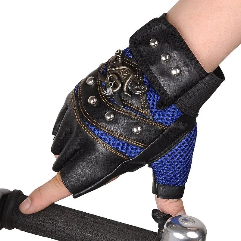 Skull Rivet Fingerless Gloves - PU Leather Moto Style