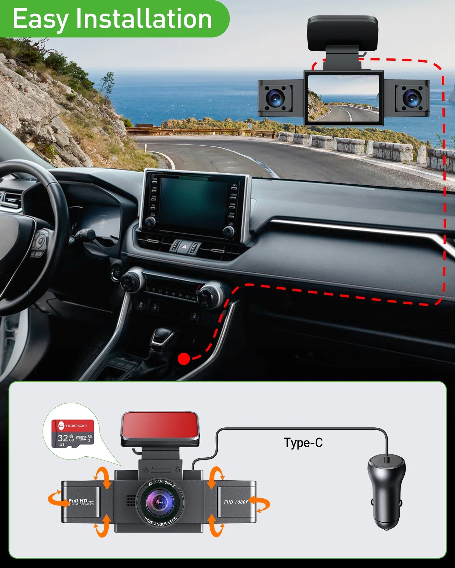 Rear View 3-Channel Dash Cam  - 24H Parking DVR