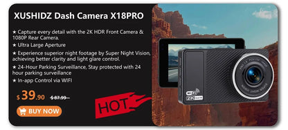 Caméra de tableau de bord avec caméra de stationnement DVR à double canal et vision nocturne, capteur G et WIFI