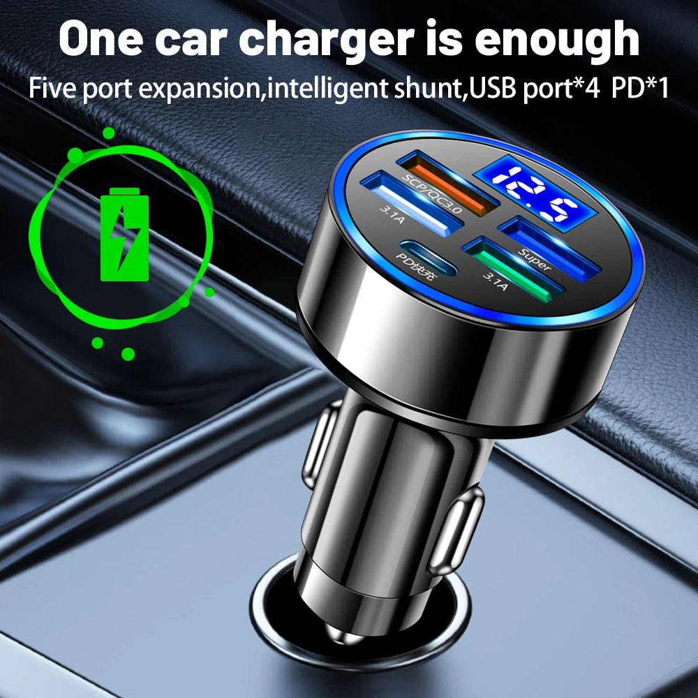 250W LED Car Charger - 5 Ports Fast Charge PD QC3.0/USB C