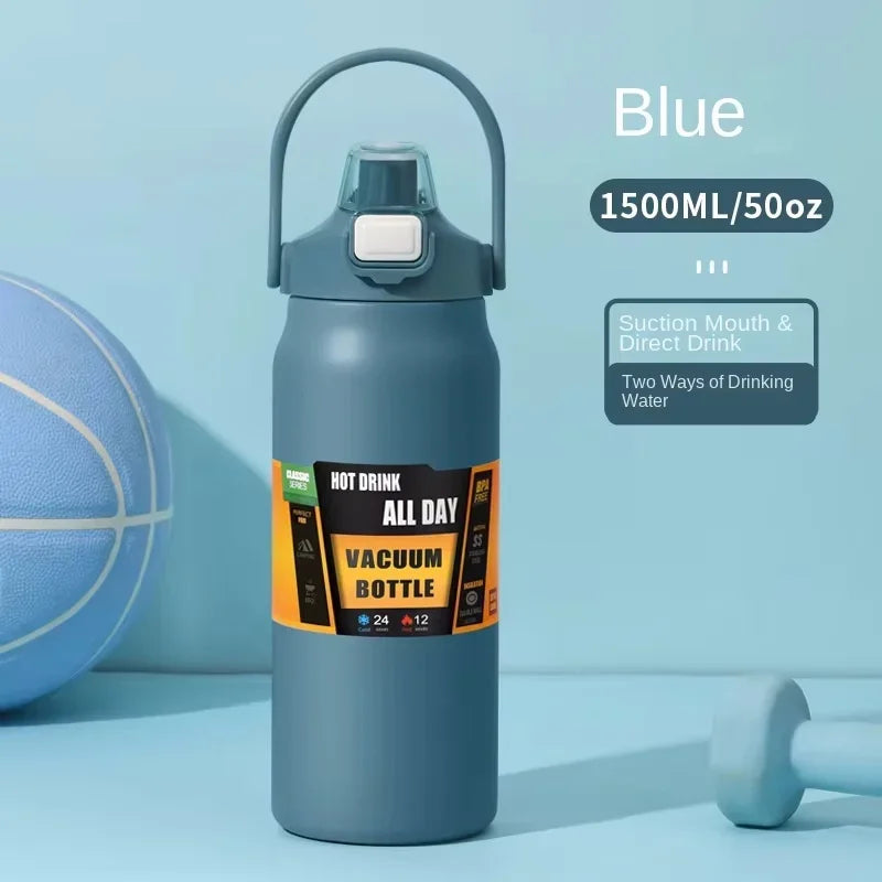 Thermos portable en acier inoxydable 304 avec paille – Bouteille isotherme de voyage