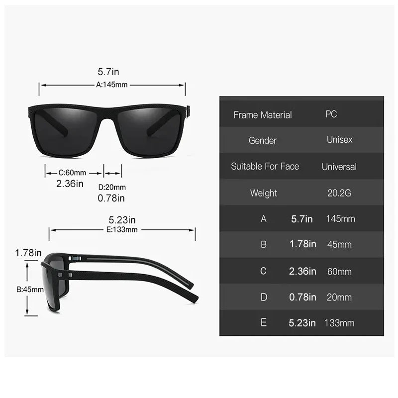 Lunettes de soleil polarisées carrées avec protection UV et monture légère pour hommes et femmes