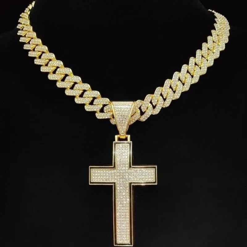 Collier pendentif croix brillante pour hommes et femmes avec chaîne cubaine