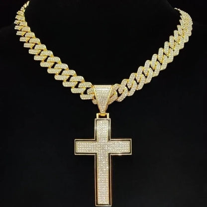 Collier pendentif croix brillante pour hommes et femmes avec chaîne cubaine