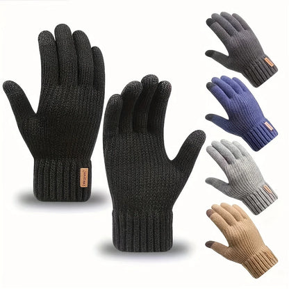 Men's Winter Touchscreen Gloves - Warm Fleece-Lined Wool Knit