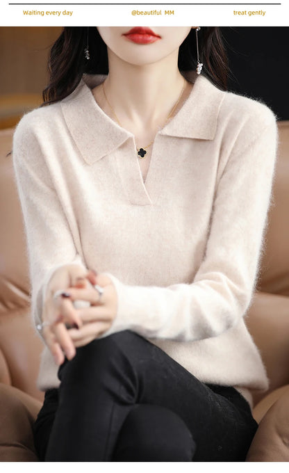 Pulls polo tricotés à manches longues en pur vison et cachemire pour femmes