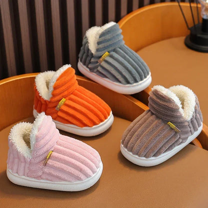 Chaussons d'hiver en peluche à rayures pour enfants - Antidérapants - Enveloppe chaude du talon