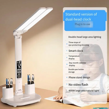 Lampe de bureau LED pliable avec horloge, chargement USB et lumière à intensité variable