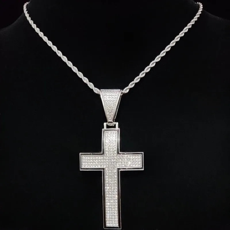 Collier pendentif croix brillante pour hommes et femmes avec chaîne cubaine