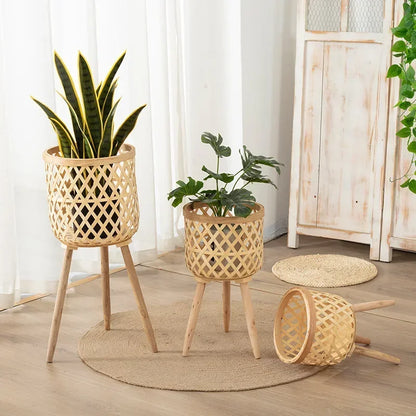 Bamboo Plant Stand with Handwoven Flower Pot