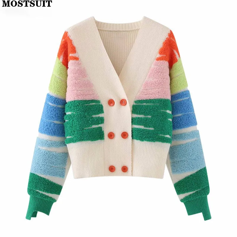 Cardigan pull en tricot rayé arc-en-ciel pour femme