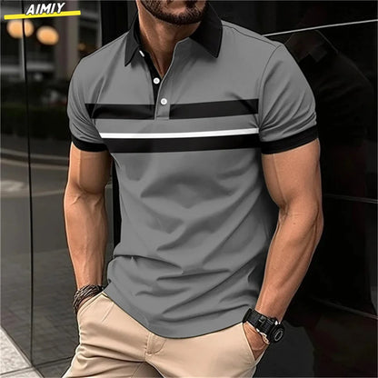 Herren Golf Stripe Poloshirt Lässiges Kurzarm-Poloshirt Einfarbiges Revers Mode Neues Business-Sport-T-Shirt Atmungsaktives Oberteil
