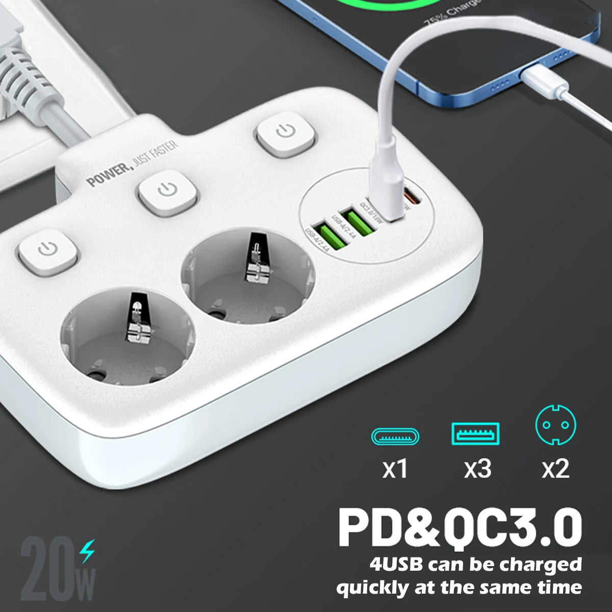 Smart Power Strip 3AC Ports 3520W