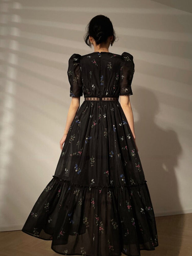 Elegant Black Floral Midi Dress - 2023 Summer