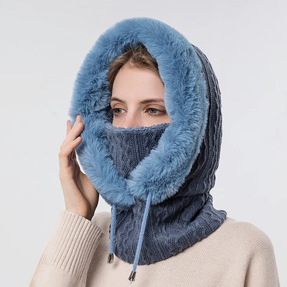 Women's Winter Fur Cap & Mask Set - Knitted Cashmere Balaclava