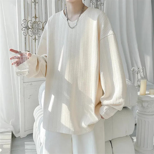 Lisible Printemps Automne À Manches Longues T-shirts Hommes Décontracté Lâche O Cou Blanc T-shirt Mâle Solide T-shirts Homme