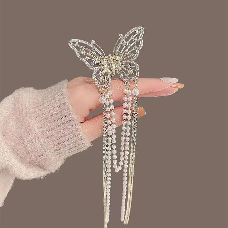 Chic Butterfly Pearl Tassel Hair Clip