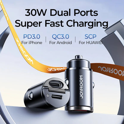 30W Pull Ring Car Charger - USB Type-C Dual Fast Charging Ports