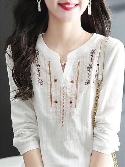 V-Neck Loose Blusas: Women's White Long Sleeve Tops