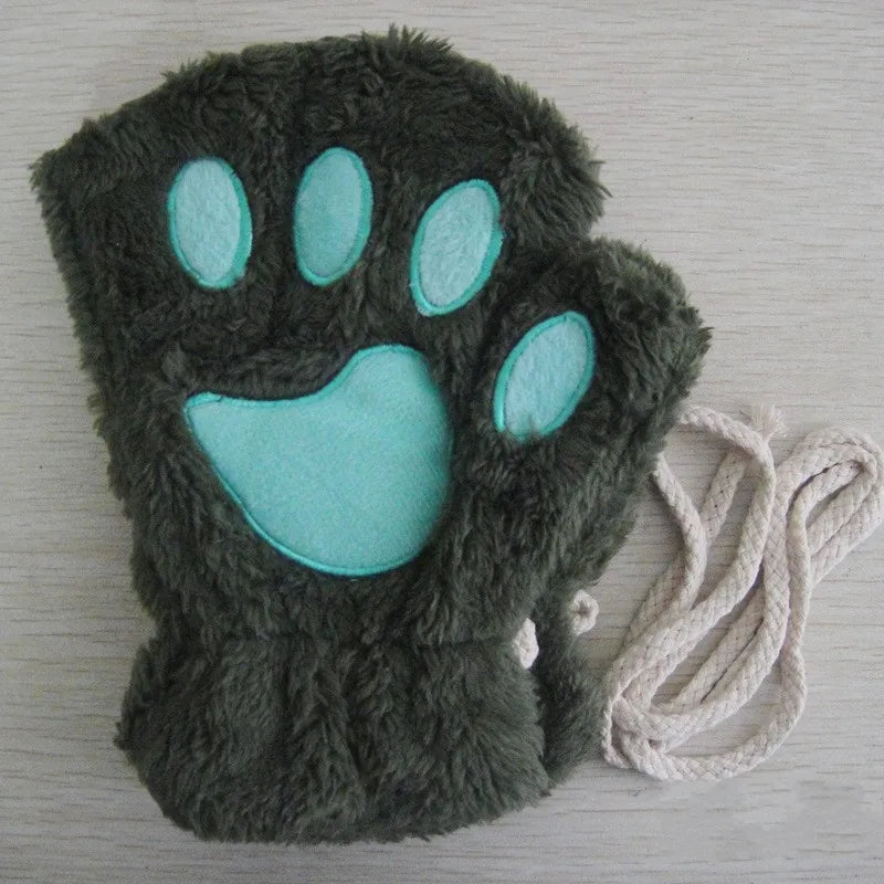 Cute Cat Paw Fingerless Plush Gloves - Warm & Fluffy