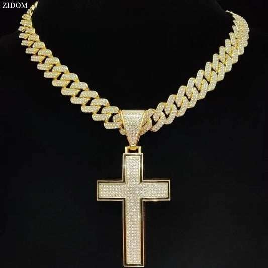 Men Women Shiny Cross Pendant Necklace With Cuban Chain