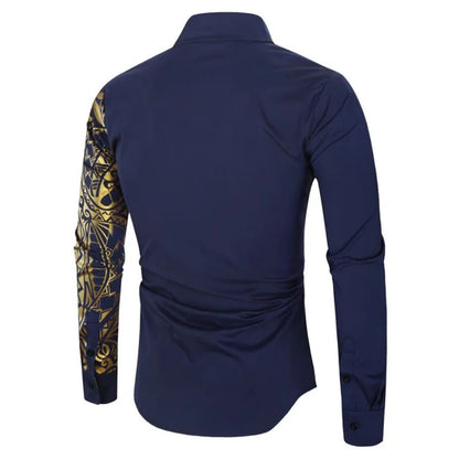 Men's High-Quality Gold Print Long Sleeve Business Dress Shirt