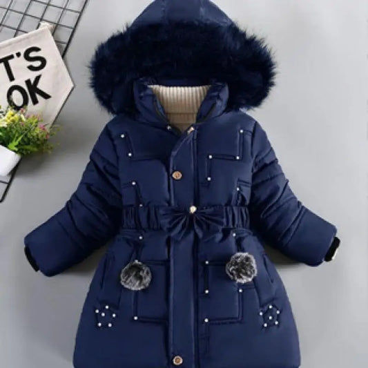 Girl's Windproof Winter Hooded Cotton Plush Collar Coat