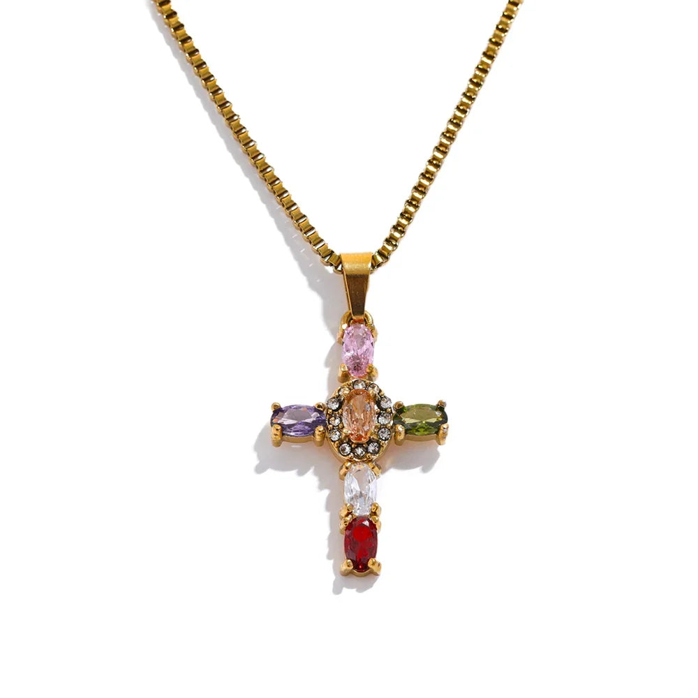 Colorful Cubic Zirconia Cross Pendant Necklace