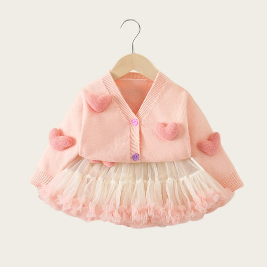 Lot de 2 pulls et jupes tutu en tricot avec motif de cœur 3D pour petites filles