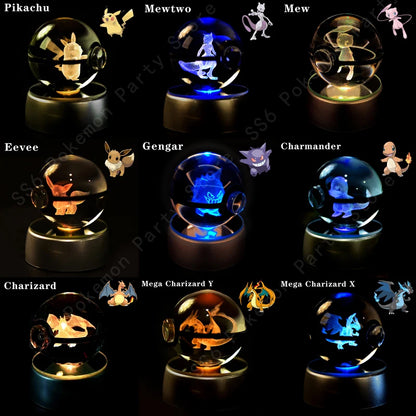 Pokemon Crystal Ball Night Light 3D Pikachu Gengar Mew Mewtwo Lamp Base Pokeball Glass Ball Figure