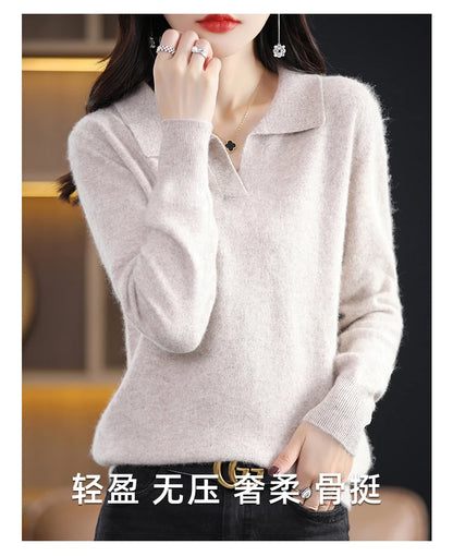 Pulls polo tricotés à manches longues en pur vison et cachemire pour femmes