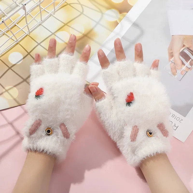 Mitaines en peluche pour femmes - Gants demi-doigts en fourrure de lapin épaisse