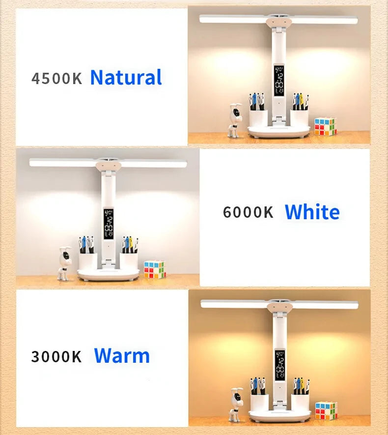 Lampe de bureau LED pliable avec horloge, chargement USB et lumière à intensité variable