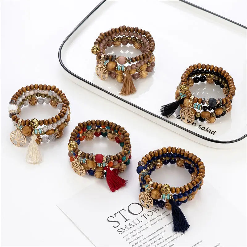 Ensemble de bracelets en chaîne de perles de bois faits à la main pour femmes