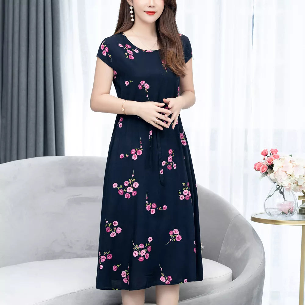 Printed O-neck Plus Size Summer Dress