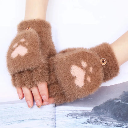 Mitaines en peluche pour femmes - Gants demi-doigts en fourrure de lapin épaisse