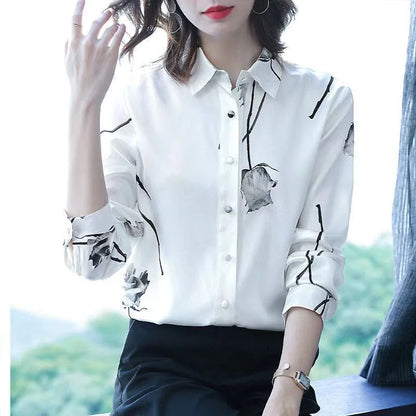 Damen Langarm-Bluse mit Umlegekragen und bedrucktem Oberteil