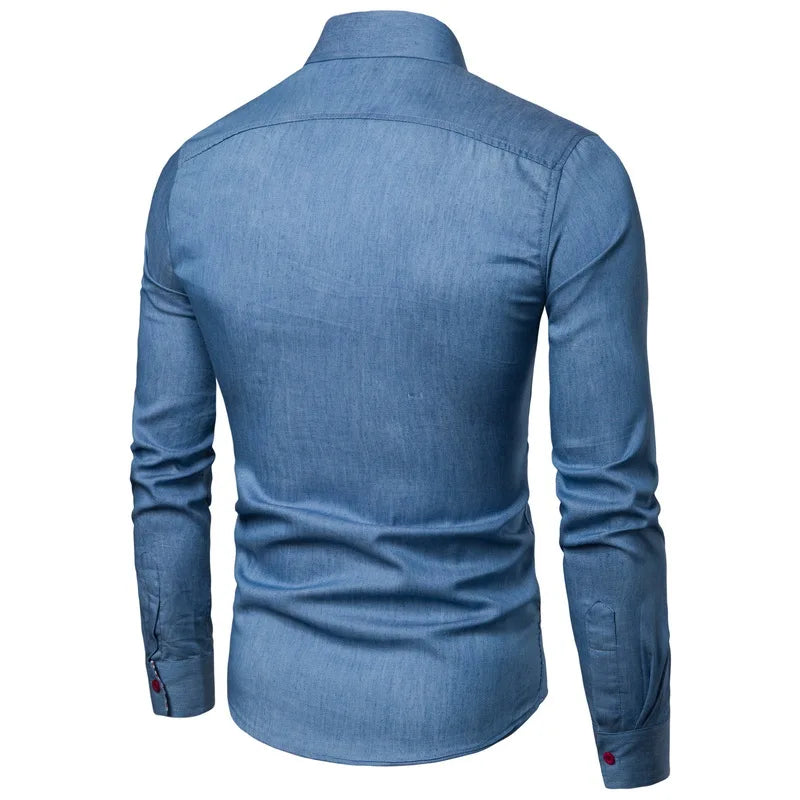Chemise à manches longues coupe slim pour hommes avec panneau de poche en cuir