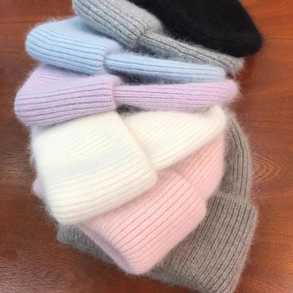 Women's Winter Knitted Beanie - Warm Cashmere Wool & Rabbit Fur Ski Hat