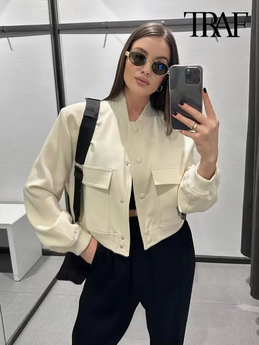 Veste bomber vintage pour femme avec poches – Vêtements d'extérieur décontractés et chics à manches longues