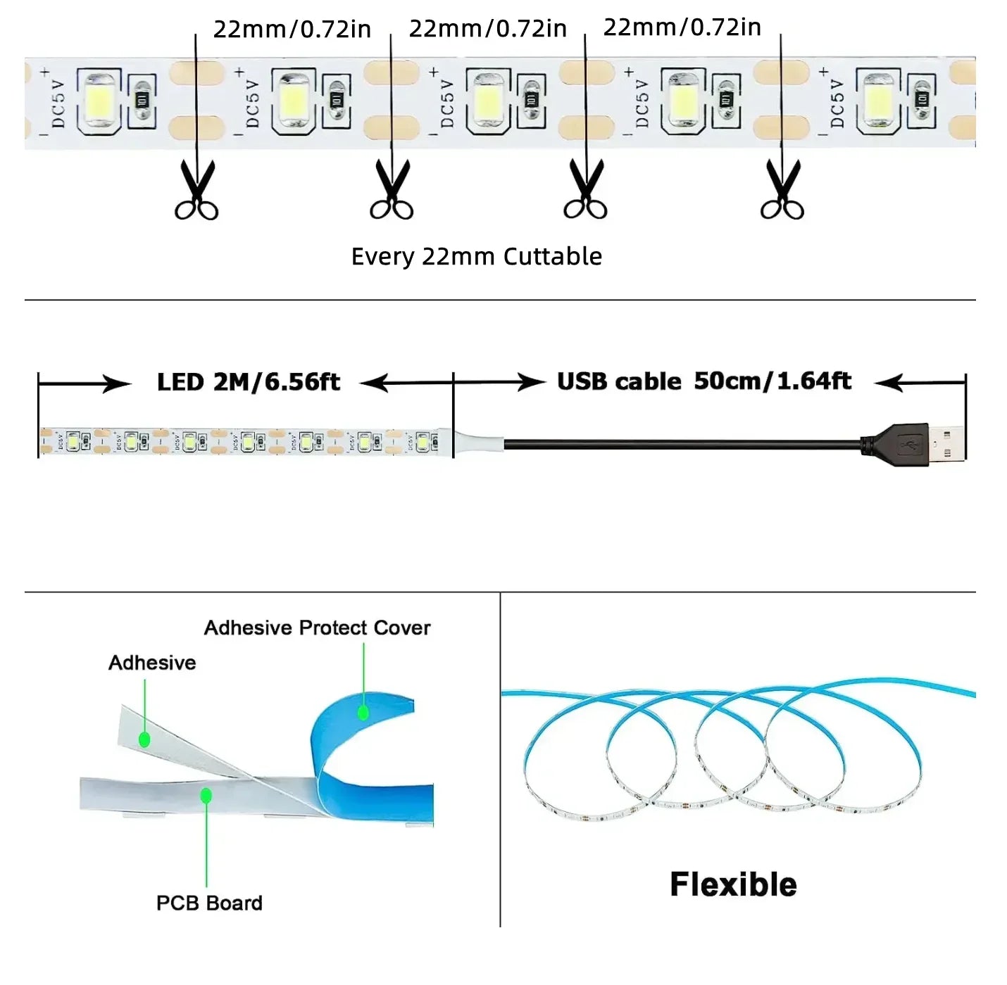 Bande lumineuse LED USB DC 5 V - Rétroéclairage TV blanc chaud et décoration intérieure - 1 à 5 m