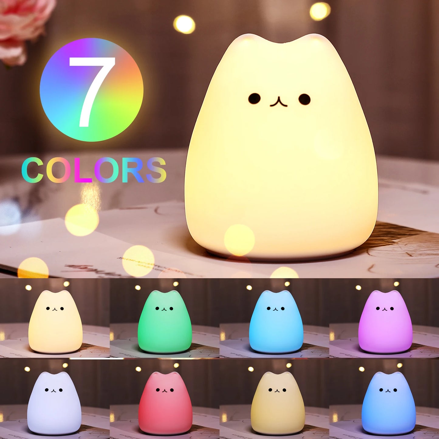 Mini Kawaii Populaire Chat Bébé Lampe De Nuit 7 Couleurs Pat Touch Changement De Couleur Protection Des Yeux Chambre Chevet Veilleuse Cadeau Enfants