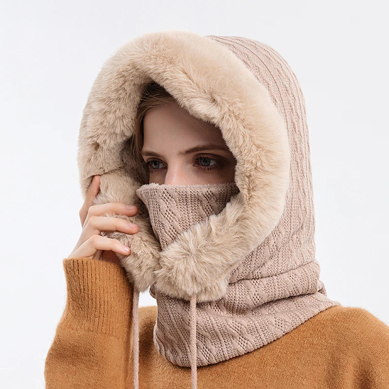 Women's Winter Fur Cap & Mask Set - Knitted Cashmere Balaclava