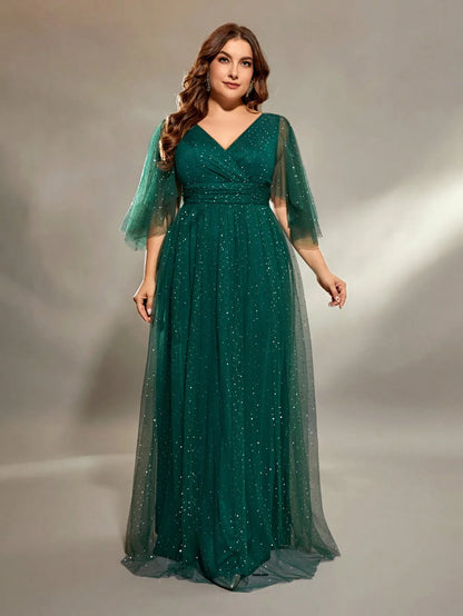 Plus Size V-Neck Pleated Evening Gown - Irregular Full-Sleeve Skirt