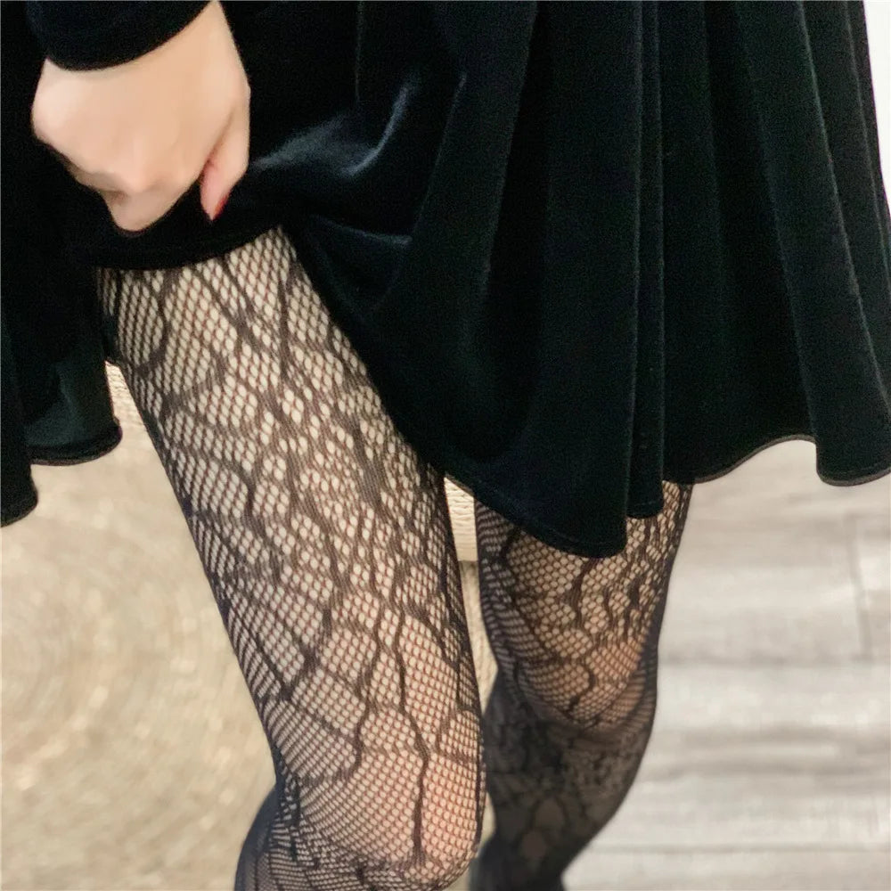 Gothic Netzstrumpfhose mit Spinnennetz - Schwarze Seide