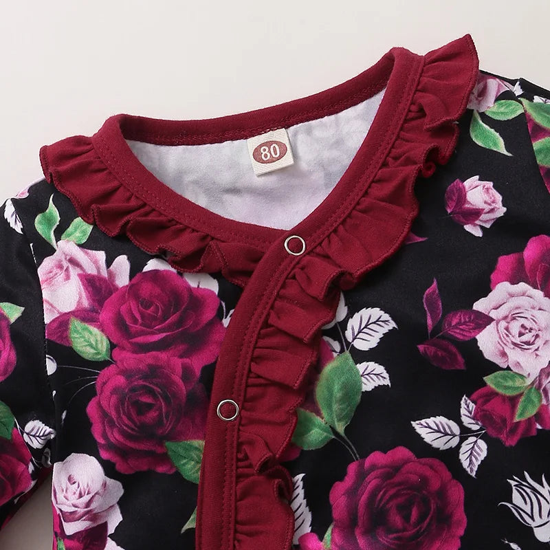 Baby Girls Rose Floral Ruffle Short Sleeve Jumpsuit + Headband