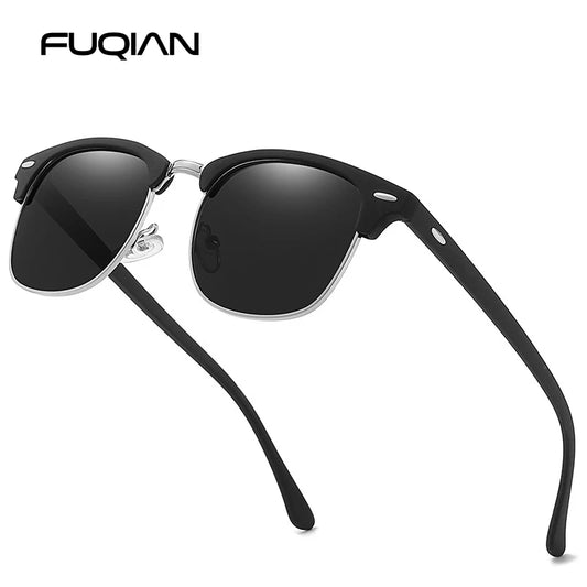 Half Frame Polarized Sunglasses Retro Rivet Design Black Anti-Glare Shades for Men & Women