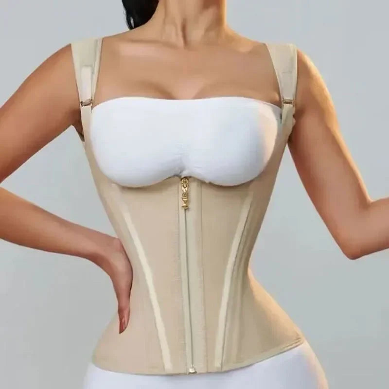 Women Body Shaper Vest Tops Double Compression Waist Trainer Corset Adjustable Zipper Hook-Eyes