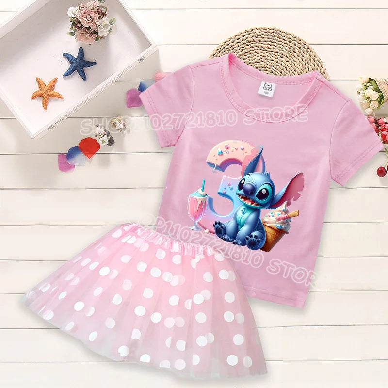 Kid's 2 Pcs Cartoon Number Print Round Neck T-shirt Dress